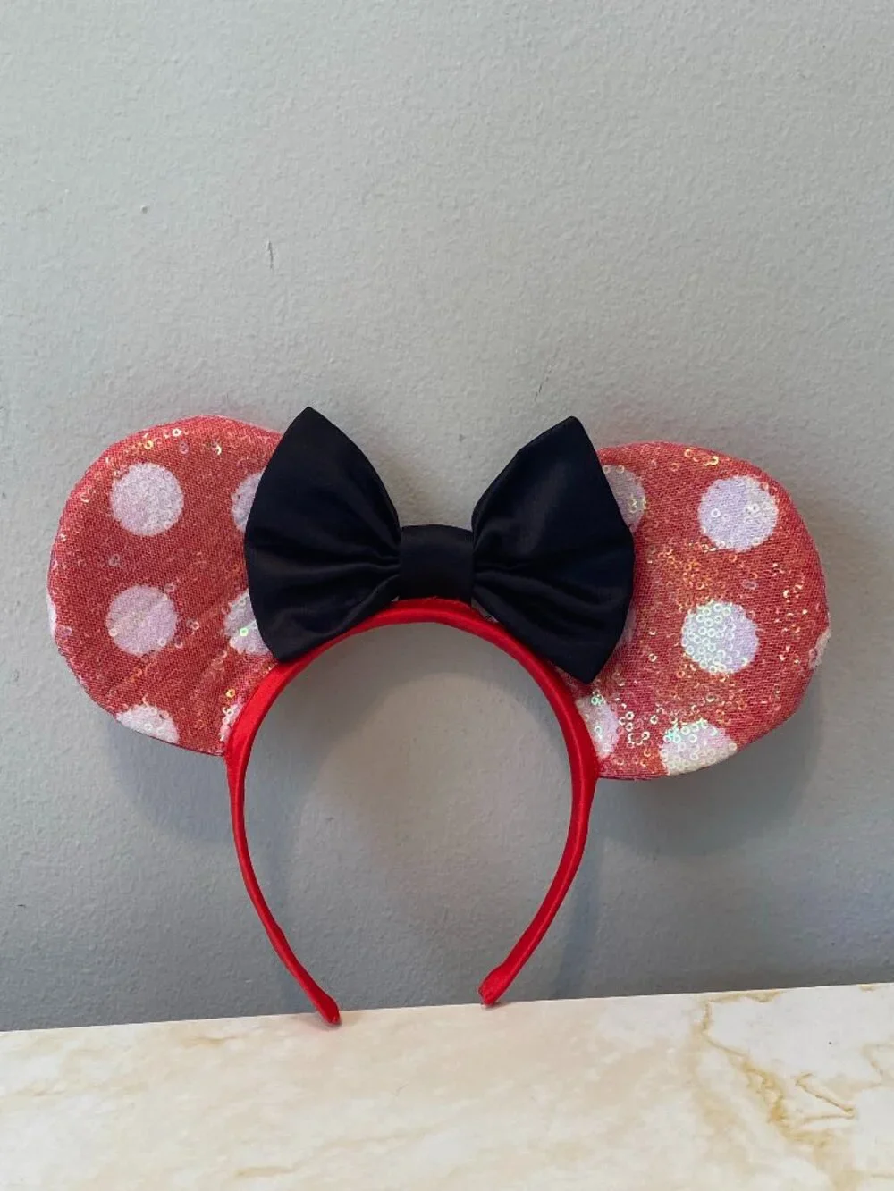 Disney Minnie Mouse Red Sequin Ears Black Bow Polka Dot Headband